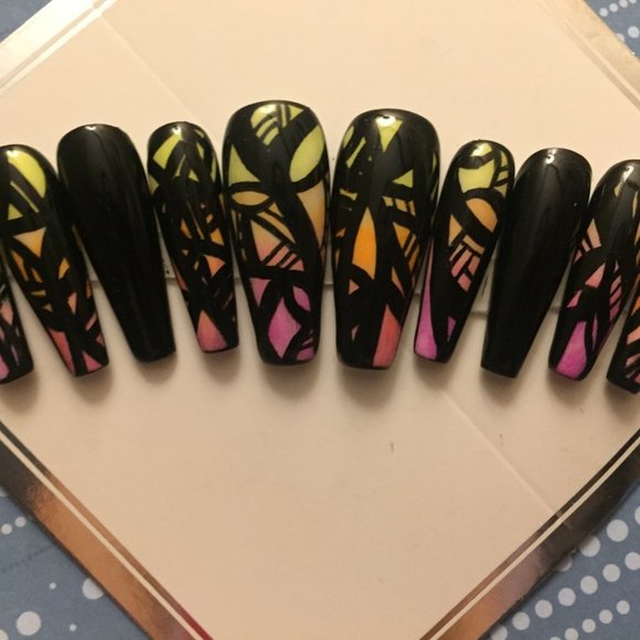 Neon yellow/orange n pink tribal press on nails - Picture 9 of 9